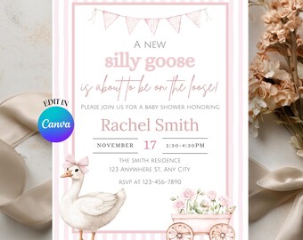 Invitación para baby shower de Ganso Tonto, Flores Rosadas, Plantilla editable de Canva (Descarga digital)