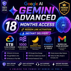 Gemini AI Pro 18-månadersuppgradering | 5 TB lagring, AI-forskning, kodning (digital leverans)