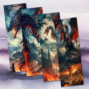 May include: A collection of fantasy art prints featuring dragons. The artwork depicts dragons in various poses, with fiery backgrounds and castle landscapes. The color palette includes shades of red, blue, and orange, creating a dramatic and epic feel.