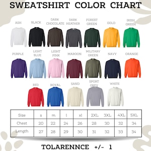 The image is a color chart for a collection of sweatshirts, displaying various colors and sizes.