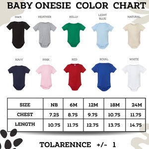The image is a color chart for baby onesies, displaying various color options and corresponding sizes.
