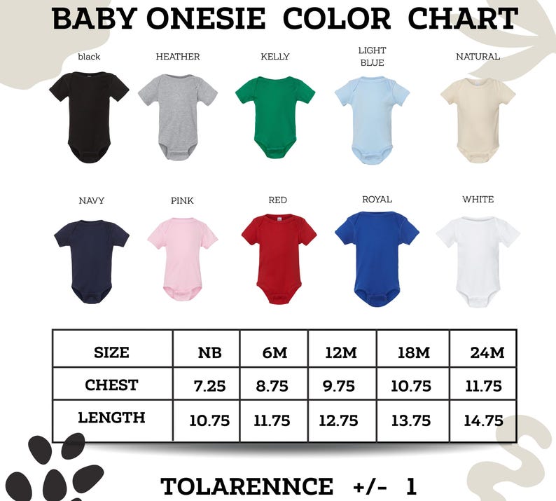 The image is a color chart for baby onesies, displaying various color options and corresponding sizes.