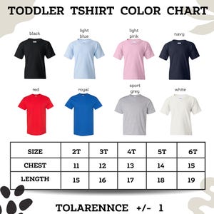 The image is a color chart for toddler t-shirts, displaying various color options and corresponding sizes for different age groups.