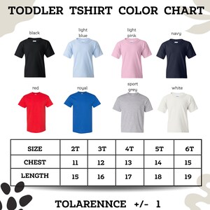 The image is a color chart for toddler t-shirts, displaying various color options and corresponding sizes for different age groups.