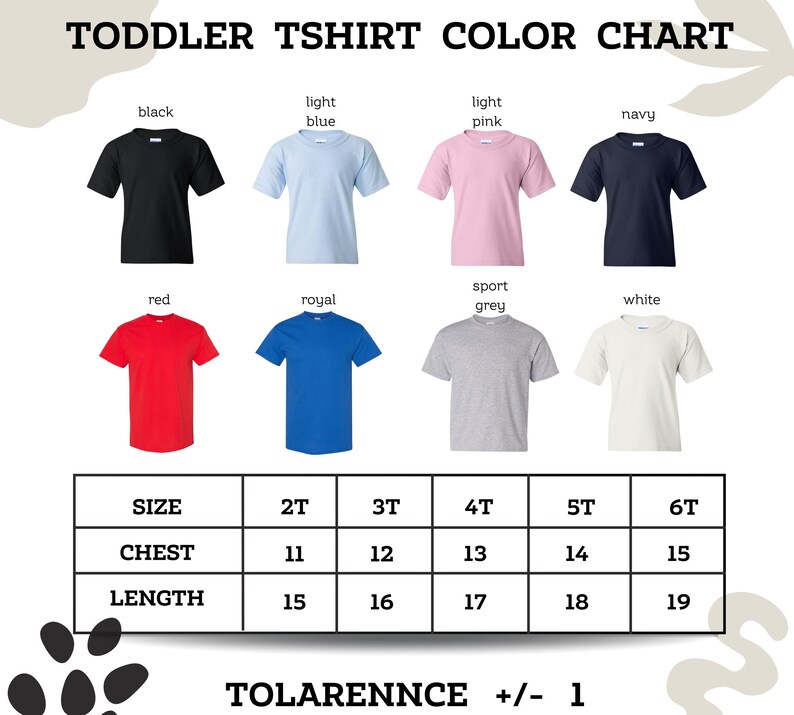 The image is a color chart for toddler t-shirts, displaying various color options and corresponding sizes for different age groups.