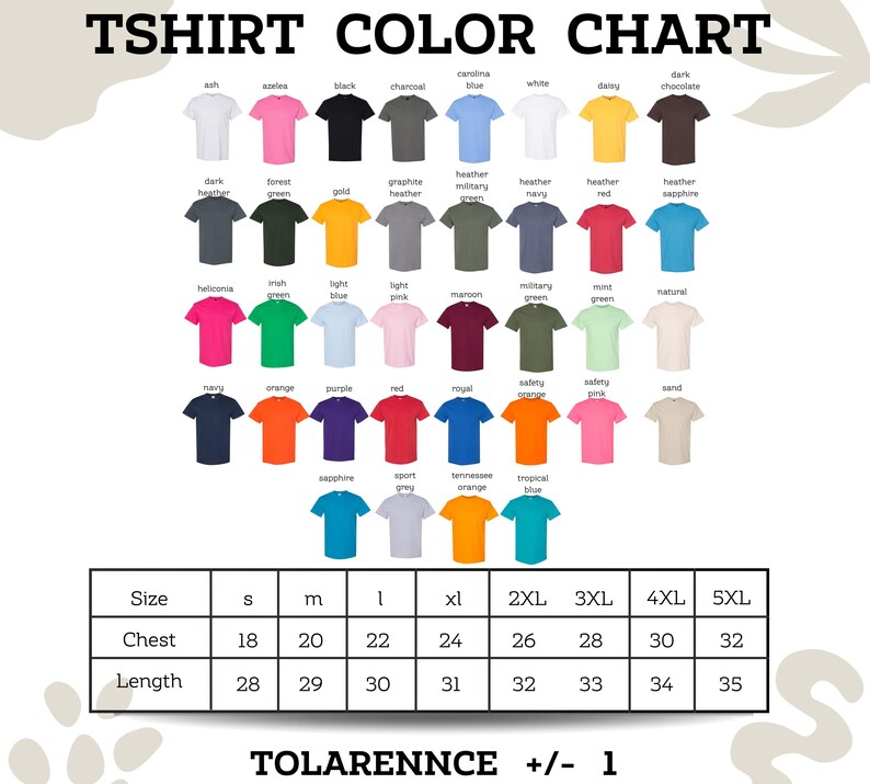 The image is a color chart that displays various t-shirt colors and sizes, along with corresponding chest and length measurements.