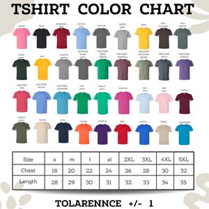 The image is a color chart that displays various t-shirt colors and sizes, along with corresponding descriptions.