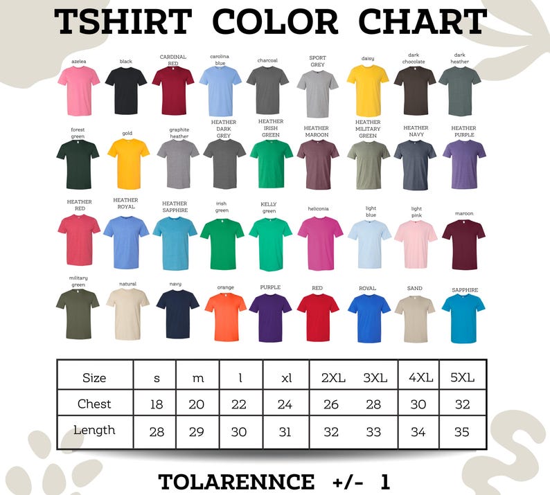 The image is a color chart that displays various t-shirt colors and sizes, along with corresponding descriptions.