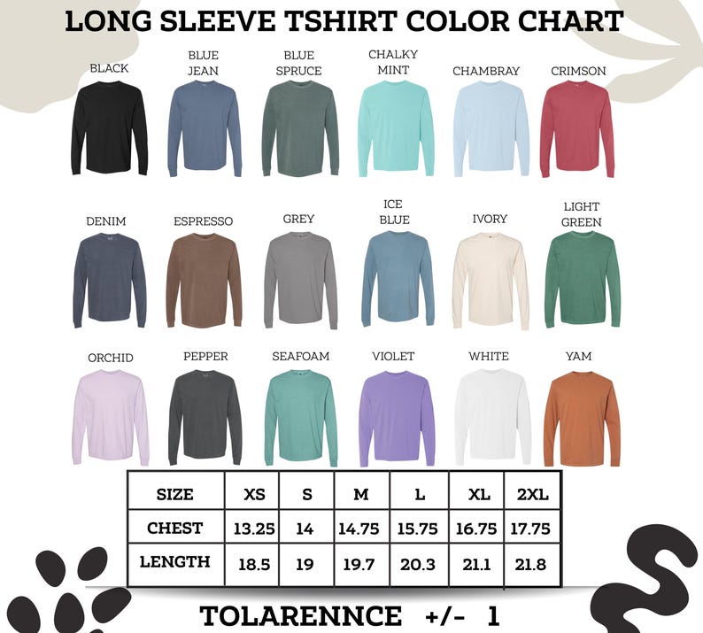 The image is a color chart for long sleeve t-shirts, displaying various color options such as black, blue, chalky mint, chambray, Crimson, denim, espresso, grey, icy blue, light green, orchid, pepper, seafoam, vanilla, white, yam, and orchid. The chart provides size and color options, including chest, length, and sleeve length, for each color.