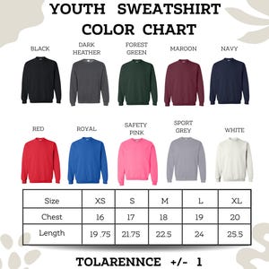 The image is a color chart for youth sweatshirts, displaying various color options and corresponding sizes.