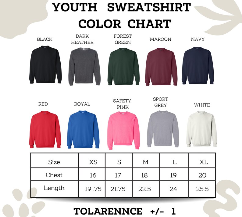 The image is a color chart for youth sweatshirts, displaying various color options and corresponding sizes.