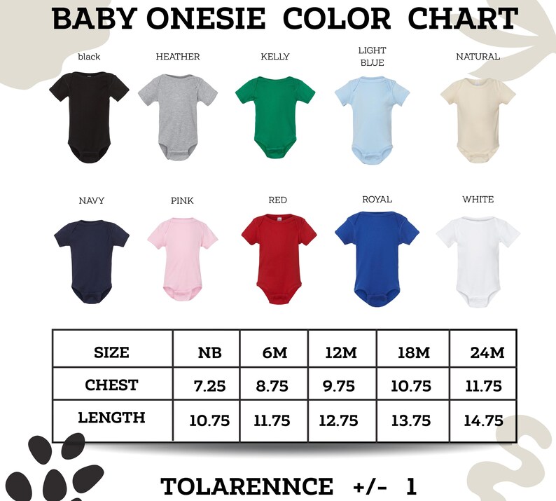 The image is a color chart for baby onesies, displaying various color options and corresponding sizes.