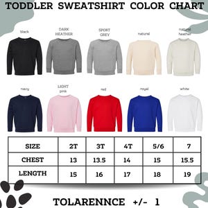The image is a color chart for toddler sweatshirts, displaying various color options and corresponding sizes.