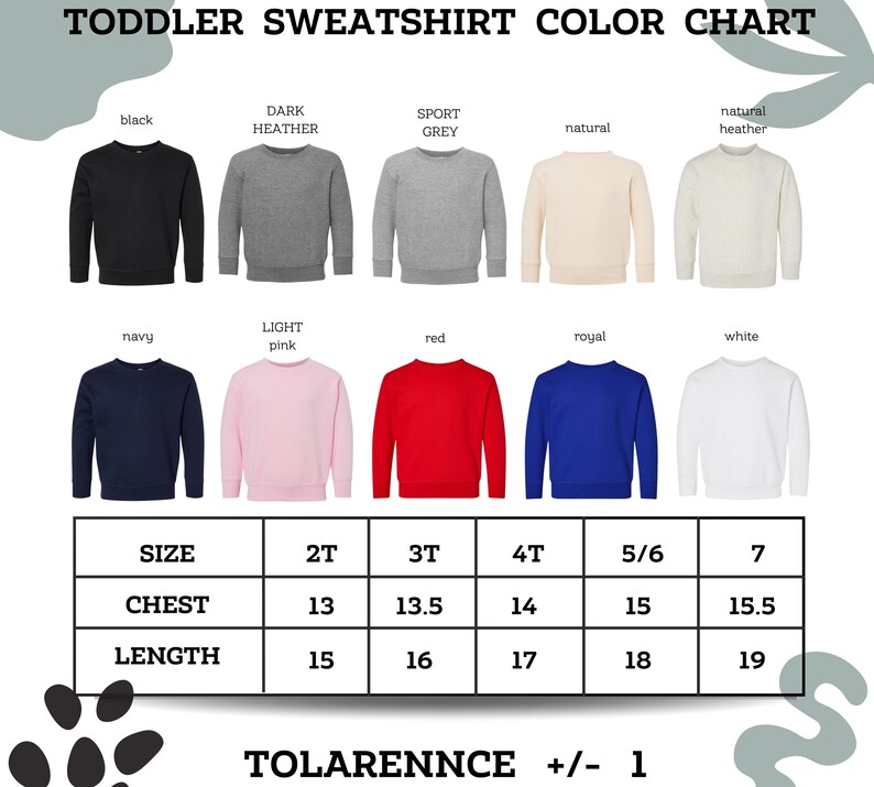 The image is a color chart for toddler sweatshirts, displaying various color options and corresponding sizes.