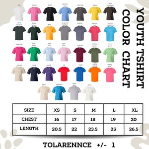 The image is a colorful t-shirt chart displaying various t-shirt designs in different colors and sizes.