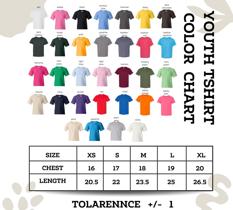 The image is a colorful t-shirt chart displaying various t-shirt designs in different colors and sizes.