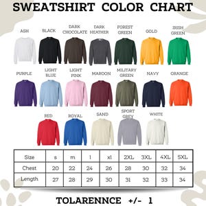 The image is a color chart for a collection of sweatshirts, displaying various colors and sizes.