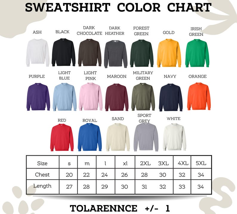 The image is a color chart for a collection of sweatshirts, displaying various colors and sizes.
