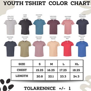 The image is a youth t-shirt color chart that displays various t-shirt designs in different colors and sizes.