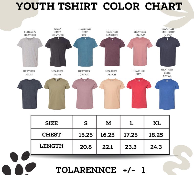 The image is a youth t-shirt color chart that displays various t-shirt designs in different colors and sizes.