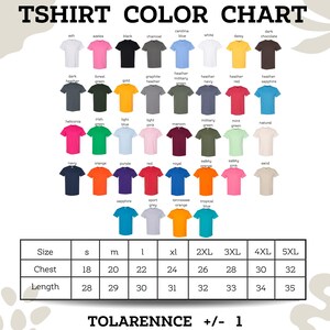 The image is a color chart that displays various t-shirt colors and sizes, along with corresponding chest and length measurements.