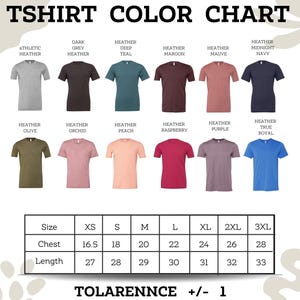 The image is a color chart for a collection of t-shirts, displaying various colors and sizes.
