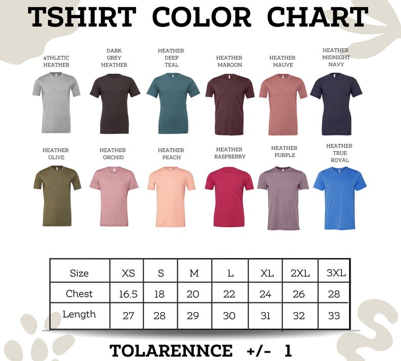 The image is a color chart for a collection of t-shirts, displaying various colors and sizes.
