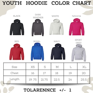 The image is a color chart for youth hoodies, displaying various color options and corresponding sizes.