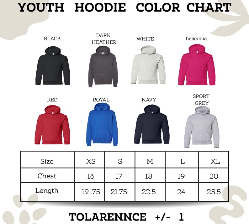 The image is a color chart for youth hoodies, displaying various color options and corresponding sizes.