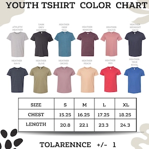 The image is a youth t-shirt color chart that displays various t-shirt designs in different colors and sizes.
