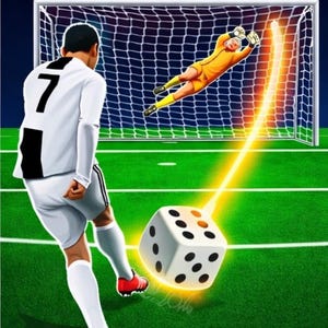 Può includere: Illustrazione di una partita di calcio con un giocatore che calcia un dado verso la porta. Il testo "Roll The Dice" è in alto e "Full Season Version" in basso. Il portiere si tuffa per parare il tiro.