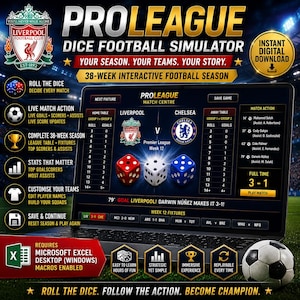 May include: A digital ProLeague Dice Football Simulator displayed on a laptop screen, featuring the Liverpool FC logo, match statistics, a 38-week season tracker, and three dice in red, white, and blue. The interface includes team tables, goal scorers, and a final score of 3-1.