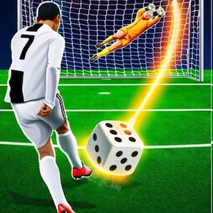 May include: Digital illustration of a soccer player kicking a glowing die towards a goal. The text "Roll The Dice" is at the top, with "Demo Version" at the bottom. The goalie is diving to block the shot.