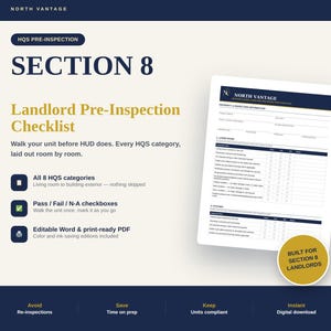Puede incluir: Un documento digital de lista de verificación de pre-inspección para propietarios de la Sección 8, con categorías HQS, casillas de verificación de aprobado/fallido y organización por habitaciones. Fondo crema, texto azul marino y detalles dorados.