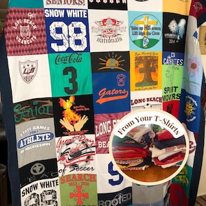 May include: A handmade quilt made from various t-shirts, featuring a patchwork design with different colors, logos, and text. The quilt includes shirts with the words "Gators," "Athlete," and "Coca-Cola." A pile of t-shirts is in the foreground.