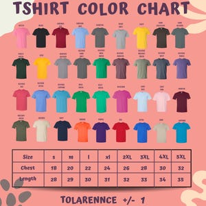 The image is a color chart displaying various t-shirt colors and sizes, along with corresponding measurements.