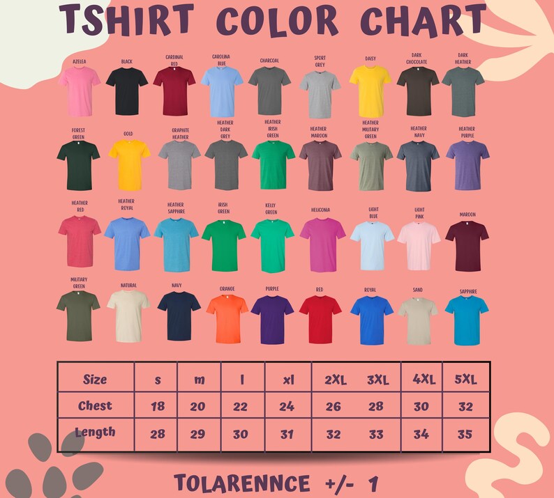 The image is a color chart displaying various t-shirt colors and sizes, along with corresponding measurements.