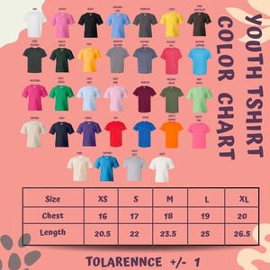 The image is a colorful youth t-shirt chart displaying various t-shirt designs and sizes, along with a table of size and length measurements.