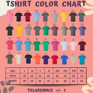 The image is a color chart displaying various t-shirt colors and sizes, along with corresponding measurements.