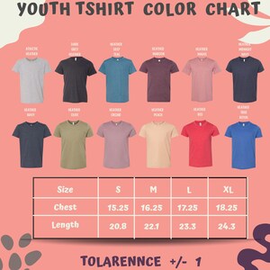 a color chart for youth t-shirts, showing different color options and corresponding sizes.