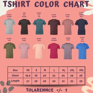 a collection of t-shirt designs in various colors and sizes, along with a color chart that provides the corresponding size and color for each design.