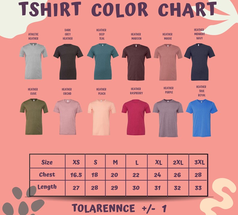 a collection of t-shirt designs in various colors and sizes, along with a color chart that provides the corresponding size and color for each design.