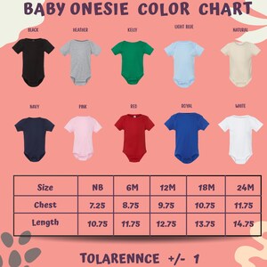 The image is a color chart for baby onesies, displaying various color options and corresponding sizes.