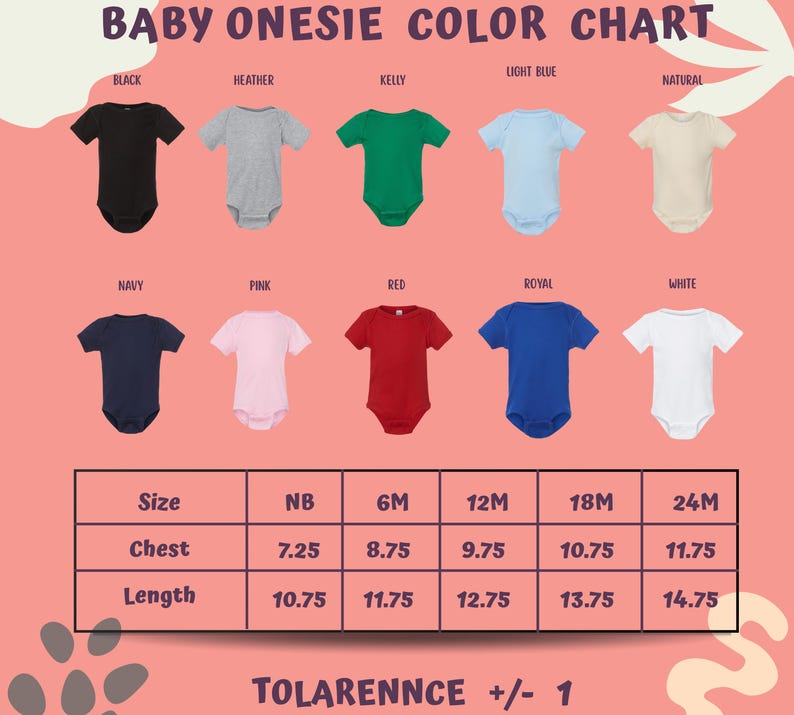 The image is a color chart for baby onesies, displaying various color options and corresponding sizes.