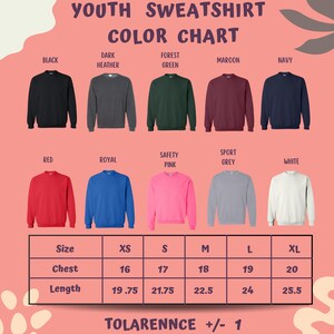 The image is a color chart for youth sweatshirts, displaying various colors and sizes along with corresponding measurements.