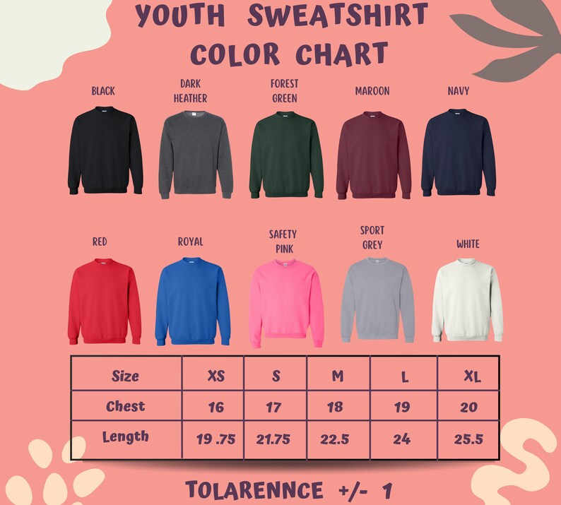 The image is a color chart for youth sweatshirts, displaying various colors and sizes along with corresponding measurements.