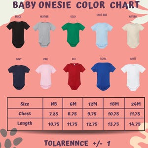 The image is a color chart for baby onesies, displaying various color options and corresponding sizes.