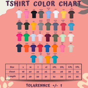 The image is a color chart for T-shirt designs, displaying various color options and corresponding sizes.