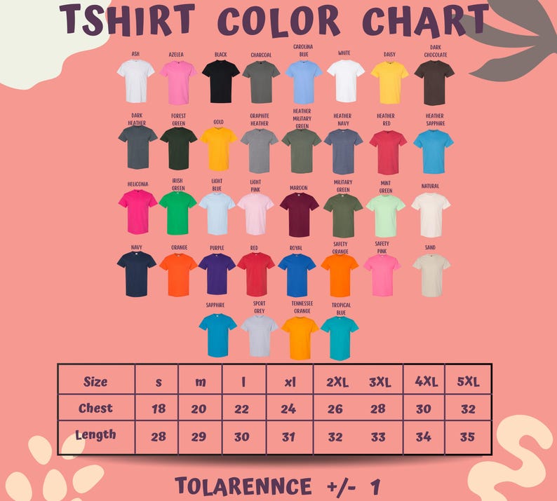 The image is a color chart for T-shirt designs, displaying various color options and corresponding sizes.
