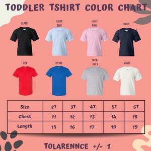 a color chart for toddler t-shirts, showing different color options and corresponding sizes.